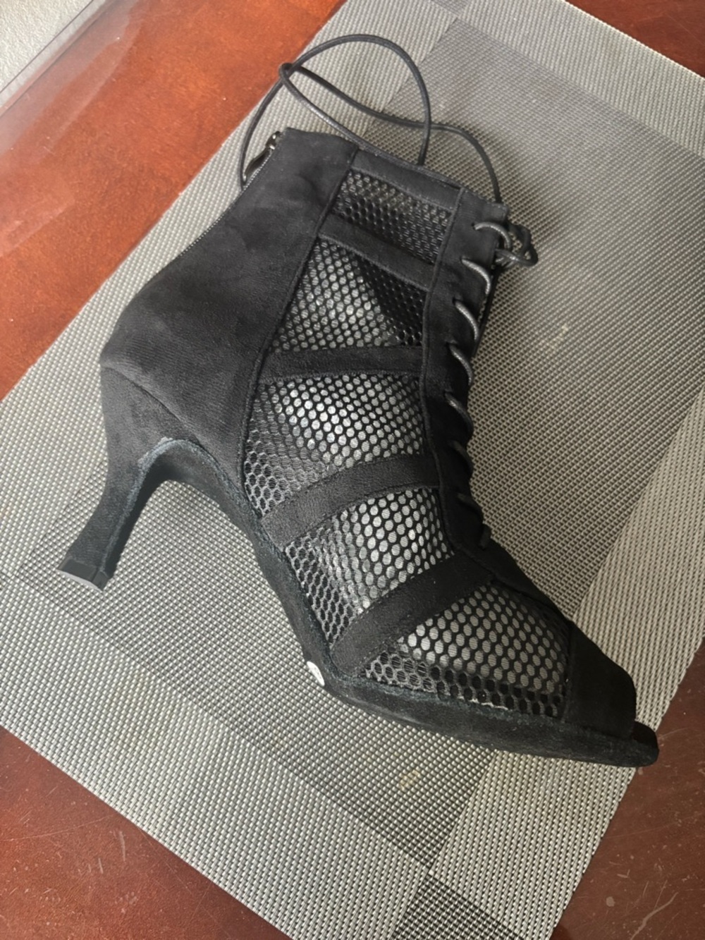 Black Lace-Up Mesh Peep-Toe Heels - Women's salsa shoes suede